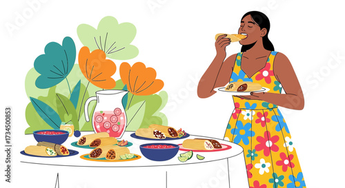 Celebrating Culinary Traditions a Woman Enjoys Tamales Amidst Festive Floral Backdrop