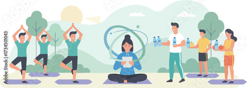 Corporate Wellness and Mental Health Support Vector Illustration. Wide Landscape Team Exercising and Meditating