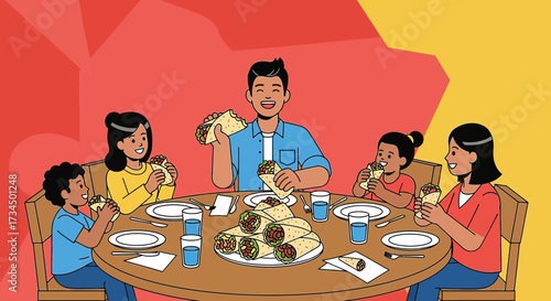 Cheerful family enjoying a meal of burritos together at the dining table illustration