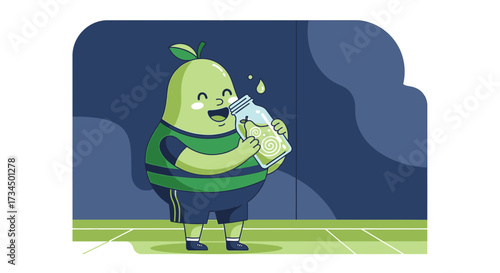 Cheerful pear character enjoying a refreshing drink after exercise on a bright day