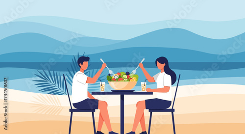 Couple enjoying healthy salad and drinks at a beachside restaurant with scenic views