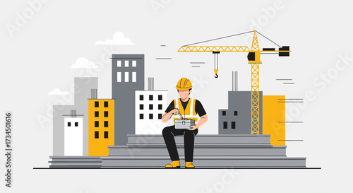 Construction worker taking a break on a construction site with buildings and crane backdrop