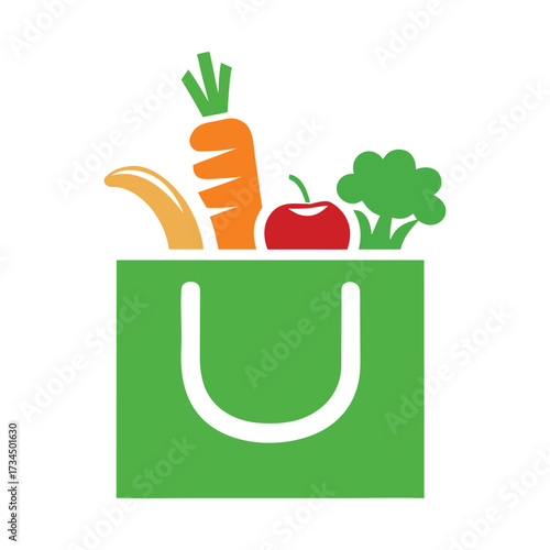 Green shopping bag filled with orange carrot red apple yellow banana and green broccoli grocery food