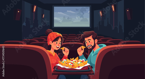 Couple enjoying movie night with nachos cartoon illustration full of colors vector design