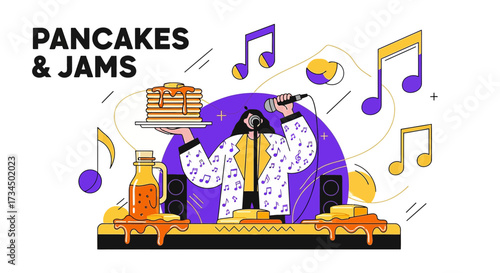Creative pancakes and jams illustration featuring music notes and a musical entertainer performing
