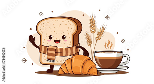 Cute cartoon breakfast featuring toast with scarf croissant coffee and wheat illustration