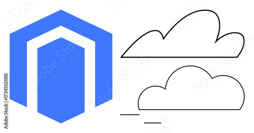 Blue shield-thumbs up structure paired with line clouds evokes stability, security, and digital connectivity. Ideal for technology, cloud computing, security, innovation, minimalism, branding simple