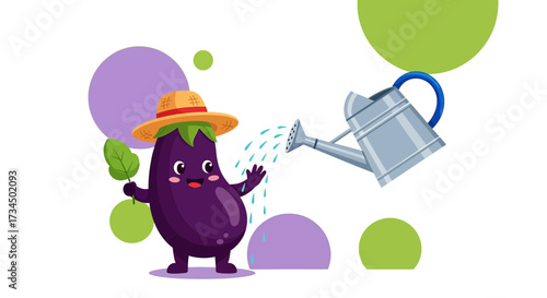 Cute eggplant character with a hat being watered by a watering can illustration
