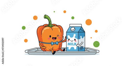 Cute cartoon illustration featuring a smiling orange pepper and a milk carton on a tray