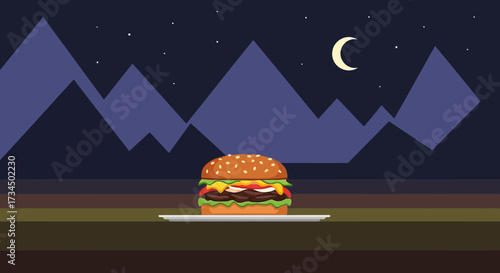 Delicious burger on a plate with a mountain landscape under a starry night sky illustration
