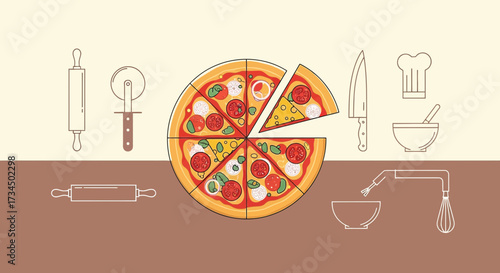 Delicious homemade pizza illustration with cooking preparation tools, a slice cut off, vector
