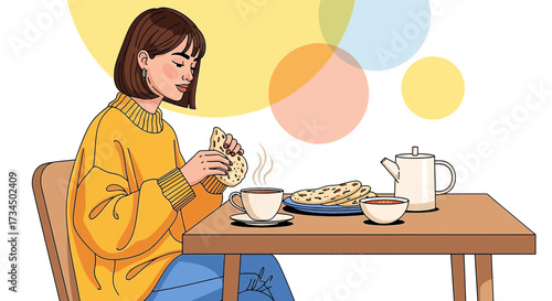 Digital illustration of a woman enjoying tea and flatbread in a cozy setting creating a warm and