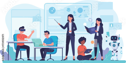 Education 2050 Classroom Vector – Teacher, Students with VR and AR, Researcher, Robot Assistant – Futuristic Learning Illustration