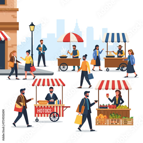 Illustration of a bustling street market with food vendors and shoppers