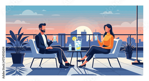 Elegant couple enjoying refreshing drinks on a rooftop terrace overlooking the city skyline at