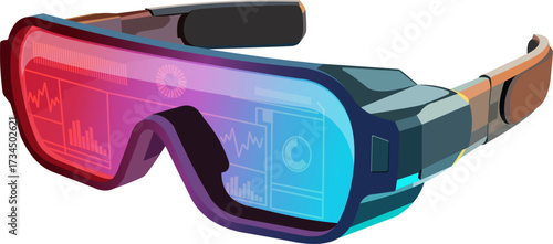 Smart AR goggles feature a modern design with colorful lenses, displaying information and graphics, perfect for immersive experiences in gaming and learning environments.