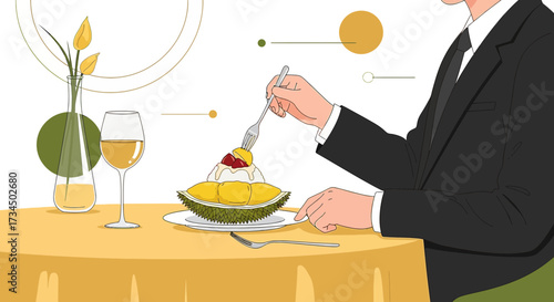 Elegant gentleman enjoying durian dessert with wine at a formal dining illustration