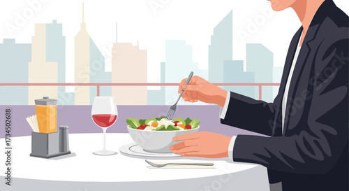 Elegant dining: Business professional enjoying a salad with wine against a city backdrop
