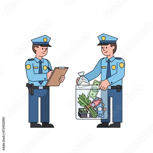 Police Officers Inspecting and Documenting Recovered Cash and Evidence at a Crime Scene