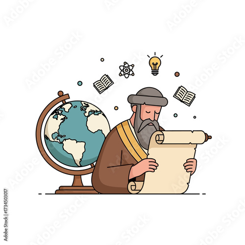 Scholarly Sage Examines Ancient Scrolls Near Globe in Intellectual Environment