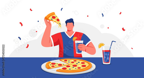 Enthusiastic man joyfully celebrates with pizza and drinks in a festive atmosphere full of fun