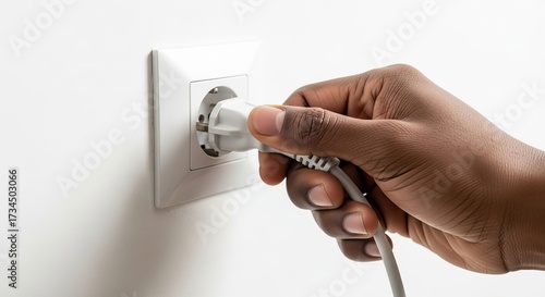 Economic recession, saving conscious, A hand is plugging an electrical cord into a wall socket, demonstrating the connection between devices and power sources.