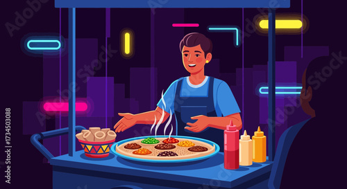 Ethiopian Street Food Vendor Offering Traditional Injera Dish in Neon Lit Setting