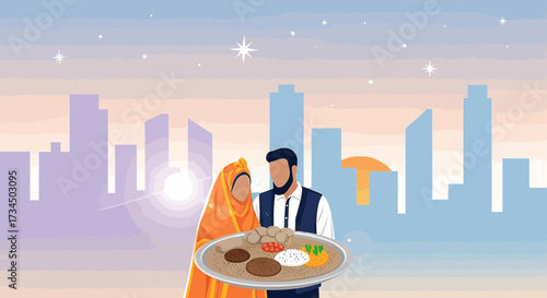 Ethiopian cultural vector illustration, a couple sharing a meal in modern city