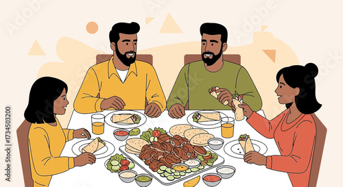 Family gathering eating shawarma at home with casual conversation illustration vector graphic design