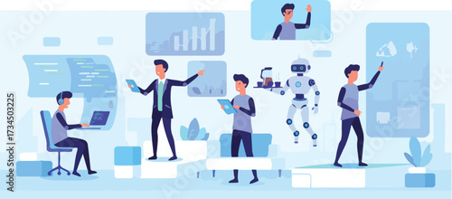 Futuristic AI Office Team Vector Illustration – Coder, Manager, Analyst, Designer, Robot Assistant, Remote Worker – Flat Modern Business Scene