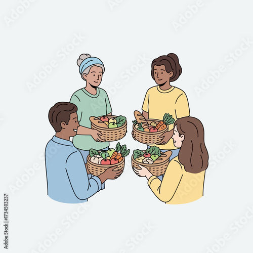 Community spirit diverse group shares healthy groceries in a heartwarming moment of togetherness