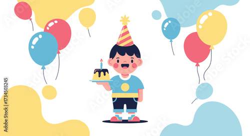 Festive birthday celebration illustration featuring a boy cake balloons party decoration holiday