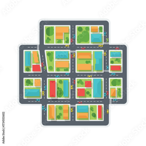 Vector illustration of an urban neighborhood plan showing a top-down aerial view of city blocks with streets and cars