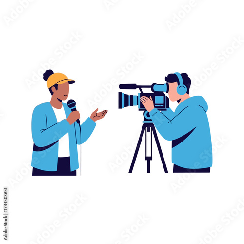 Media team at work a reporter interviews with a microphone as a cameraman films the scene for news and broadcast
