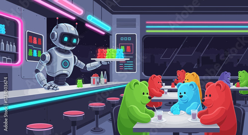 Futuristic gummy bear bar scene featuring a robot bartender serving sweet colorful treats