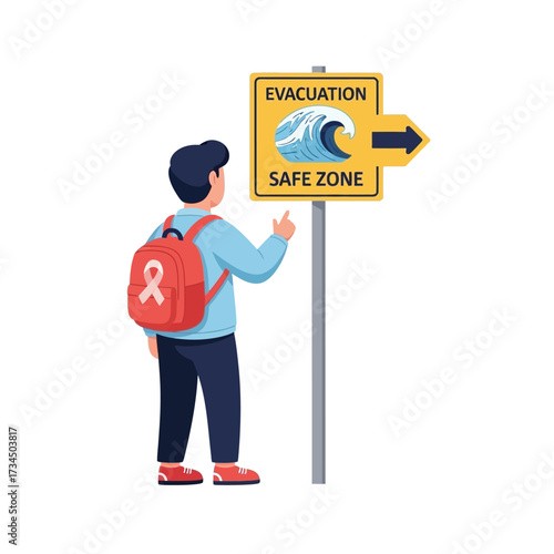 Person with a red backpack following a tsunami evacuation route sign to a safe zone for natural disaster preparedness