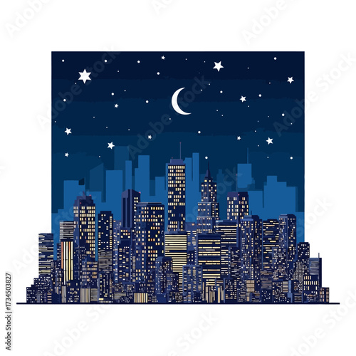 Vibrant Cityscape at Night with Illuminated Skyscrapers Under a Starry Sky
