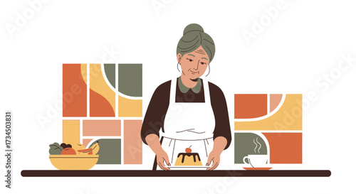 Grandmother preparing dessert in the kitchen, creating a warm and inviting atmosphere with