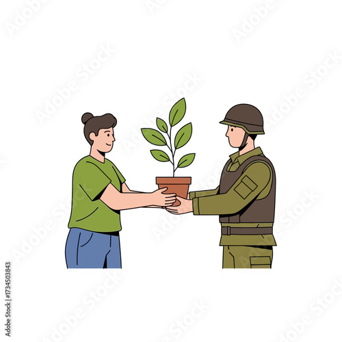 A heartfelt gesture of unity a civilian offers a vibrant potted plant to a soldier, symbolizing hope, peace, and the potential for new beginnings and reconciliation