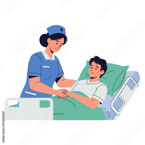 Caring nurse comforts young patient in hospital bed with gentle hand-holding and reassurance
