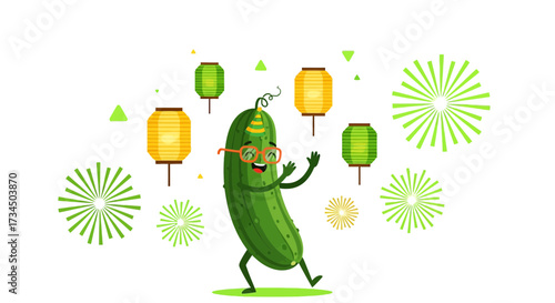 Happy cucumber character celebrating with lanterns and decorative green elements isolated on white