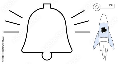 Large ringing bell with emphasis lines, minimalist rocket launching upward, and key symbolizing access. Ideal for alerts, motivation, innovation, progress, opportunities, discovery success in simple