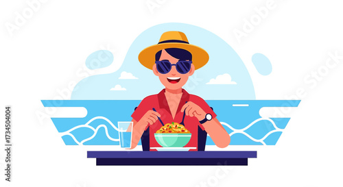 Happy man enjoying a meal with a sea view during a summer vacation adventure and relaxation at a
