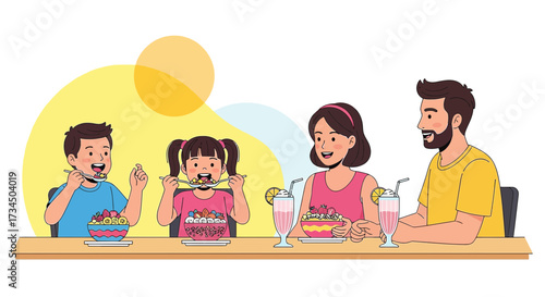 Happy family enjoying a healthy breakfast of fruit bowls and smoothies together sharing quality
