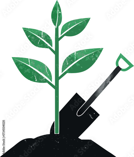 Gardening tool shovel with plant and leaf isolated on white for growth illustration