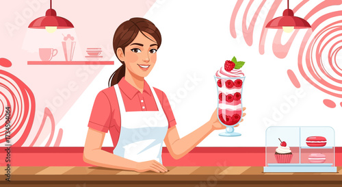 Happy waitress presenting a delicious raspberry dessert in a charming bakery scene