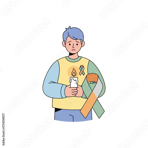 Man with Ribbon and Candle Commemorating Memories and Showing Support