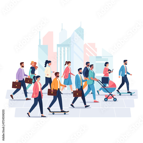 Diverse Crowd of People Walking in a City, Carrying Briefcases and Using Various Modes of Transport