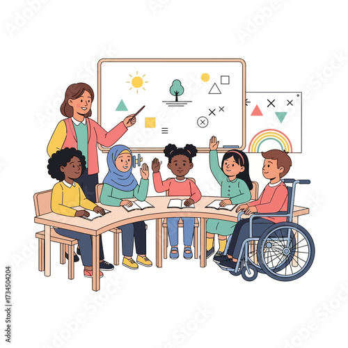 Teacher guiding a vibrant and diverse group of elementary students in an inclusive classroom, where every child actively participates in learning