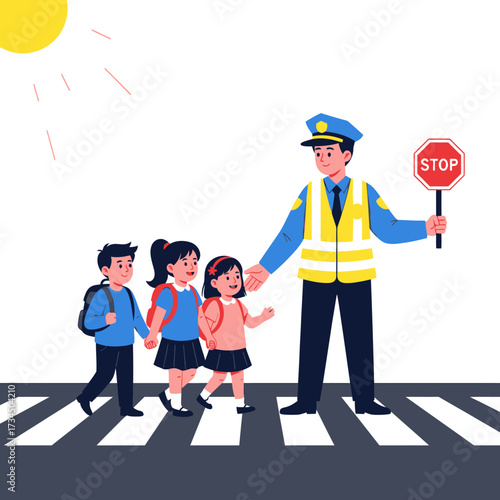 School Crossing Safe Passage for Children with a Police Officer's Assistance
